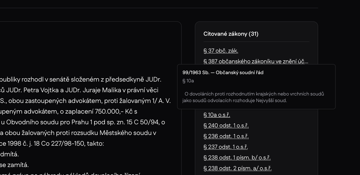Náhledy citací zákonů přímo v soudních rozhodnutích